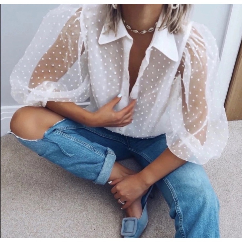 Zara White Swiss Dot Sheer Puff Sleeve Organza Button Up Blouse, Sz S